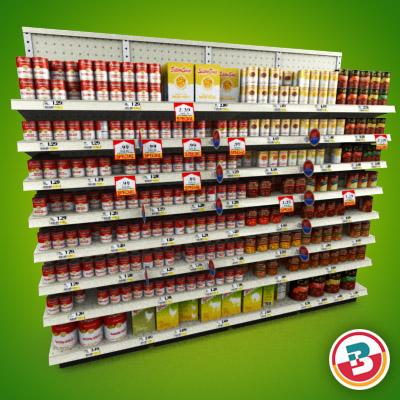 3D Model of Grocery shelves stocked with low poly soup products - 3D Render 1